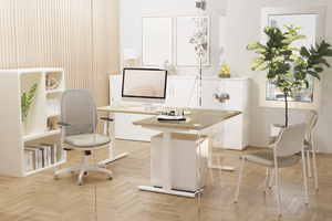 Leap L Shape Extension in White Finish with Mesh Back Chair and White Pedestal in Modern Office Setting