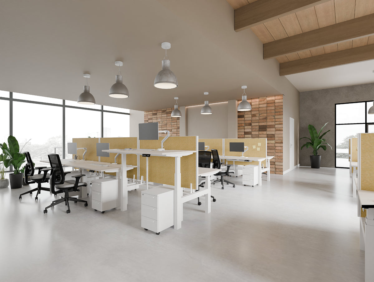 Levo Bench White Sit Stand Desk with Key 3 Drawer White Pedestal and Aria Ergonomic Chair and Join Desk Screen in Modern Office Setting