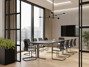 Levo Meet Sit Stand Table with Vela Sled Base Chair in Boardroom Setting 2