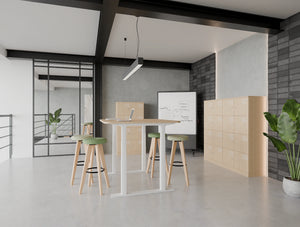Levo Sit Stand Chat Meeting Room Table with Alega Stool and Uno Number Locker and Spry Mobile Whiteboard in Modern Office Setting