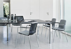 Mara Fifty 50 Office Table With Intermediate Legs In Black Top Finish With Grey Armchair And White Cabinet In Meeting Room Setting