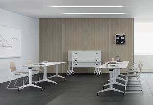 Mara Savio Tilting Rectangular Table On Castors 7 In White Finish With White Frame Armchair In Meeting Room Settings