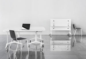 Mara Savio Tilting Rectangular Table On Castors 8 In White Finish With Black Seat And White Framed Chair In Breakout Area