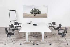 Mara Timmy Tilting H1050 Rectangular Table In White Top Finish With Black Armchair And Black Projector In Boardroom Setting