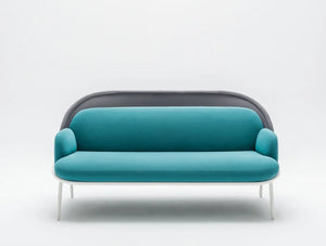 Mesh Sofa With Low Shield In Bright Blue Upholstred Finish With White Metal Frame