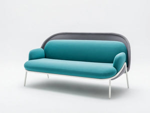 Mesh Sofa With Low Shield In Light Blue Upholstred Finish With White Metal Frame