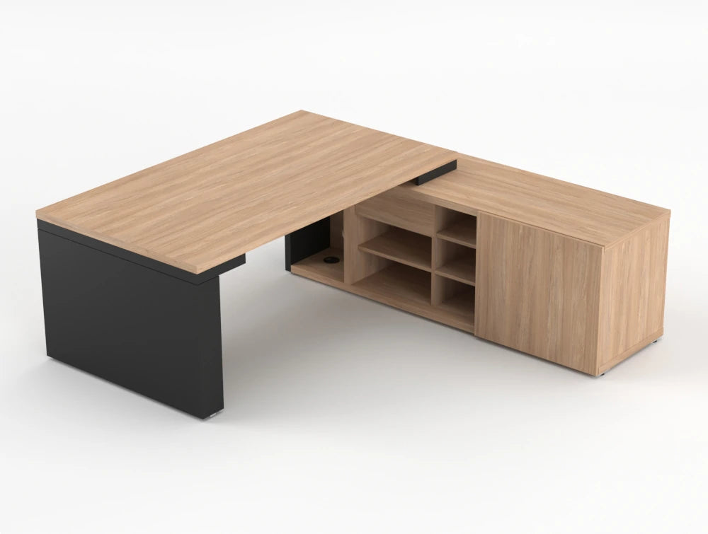 Mito Sit Stand Executive Desk With Side Storage Amber Oak Top Black Matt Body 1190Mm Right