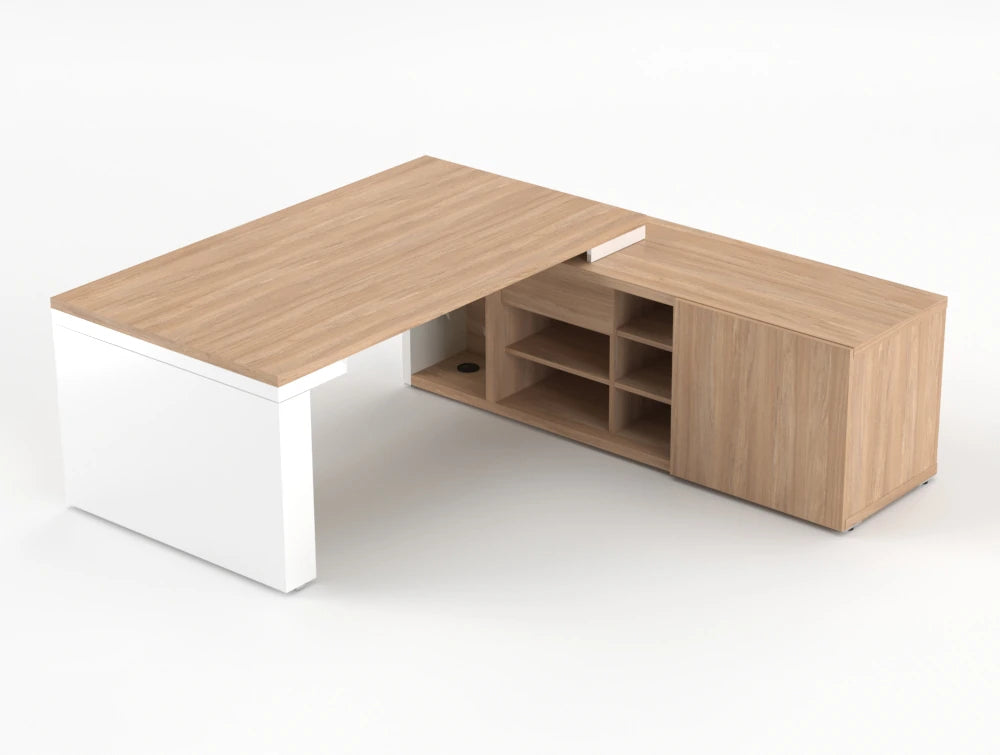 Mito Sit Stand Executive Desk With Side Storage Amber Oak Top White Gloss Body 1190Mm Right