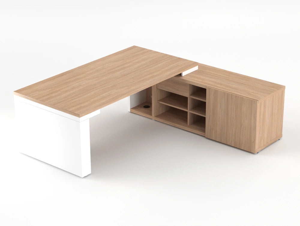 Mito Sit Stand Executive Desk With Side Storage Amber Oak Top White Matt Body 2190Mm Right