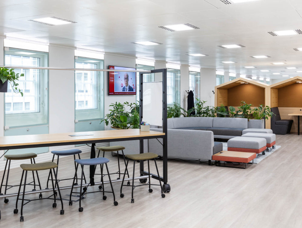 Mobile Low Stool Office Furniture With Modular Sofa And Indoor Plant In Breakout Setting