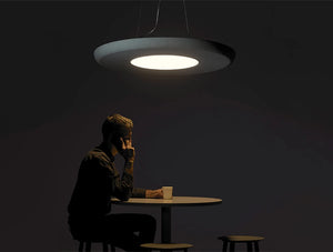 Mute Loop Acoustic Ceiling Lighting 5 In Grey Finish With Round Table And Chairs