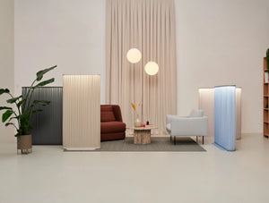Mute Mist Floor Lamp Acoustic Lighting 7 In Different Finishes With Red And White Sofa And Small Wooden Table