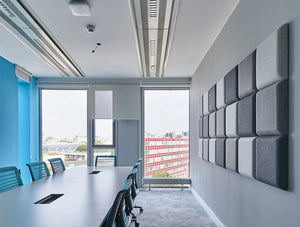 MuteDesign Blocks Square 3D Acoustic Wall Panels Grey in Meeting Room with Chairs and Boardroom Table