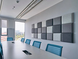 MuteDesign Blocks Square Acoustic Panels in Office with Blue Chairs and Table