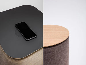 Mutedesign Tower Freestanding Acoustic Column Low Small Cylinder Or Cube With Tabletop Black Or Wooden Induction Charger