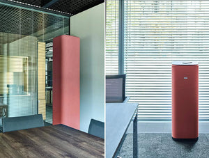 Mutedesign Tower Freestanding Acoustic Cube Column Large And Small In Red With Induction Charger On The Tabletop