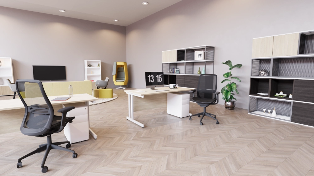 NV Mesh Height Adjustable Mesh Back Armchair Black with White Oak Top Office Table and White Pedestal in Office Setting 2