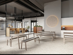 Nestro Bench Seating and Table with Line Upholstered Stool and Nestro Hightop Table and Decora Modular Zoning System and Key Modular Wooden Cupboard and Ionic Zoning System in Modern Office Setting