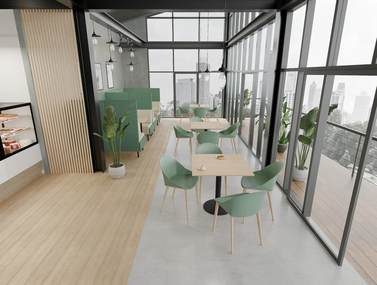 Nexis Cylinder Base Table with Snug 4 Seater Green Open High Back and Malin Canteen Chair in Breakout Setting