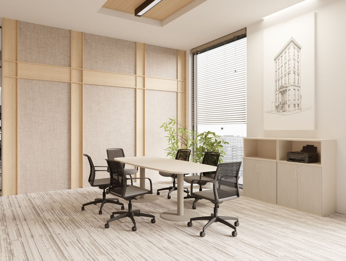 Nexis Double Cylinder Base Barrel Top Table with Vela Ergonomic Chair and Key Storage Unit in Meeting Room Setting