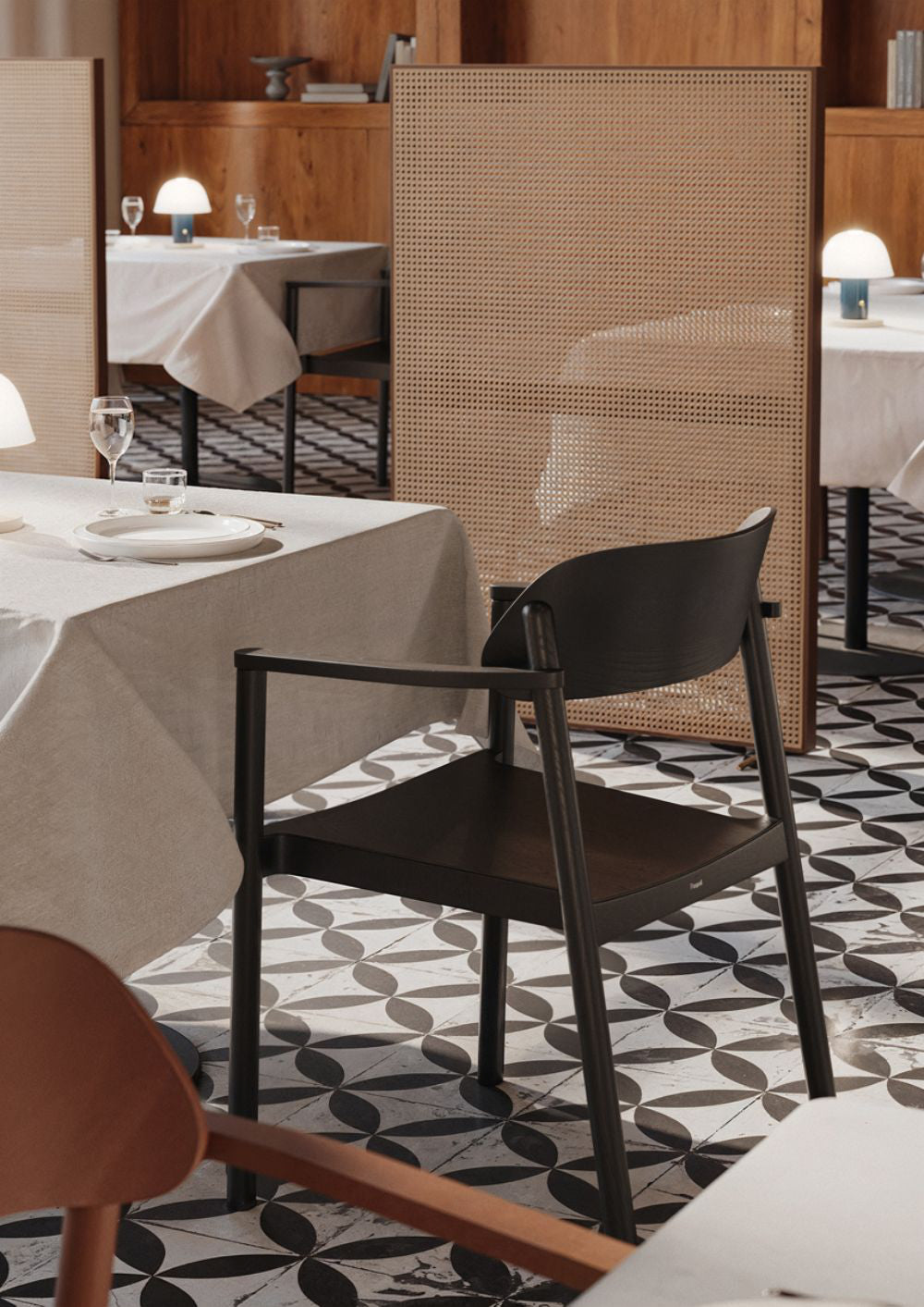 Nimm Wooden Meeting Room Chair with Table and Freestanding Screen in Restaurant Setting 2