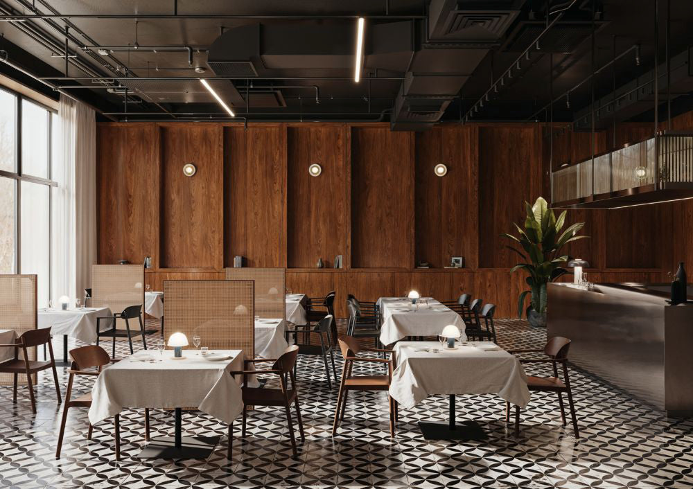 Nimm Wooden Meeting Room Chair with Table and Freestanding Screen in Restaurant Setting