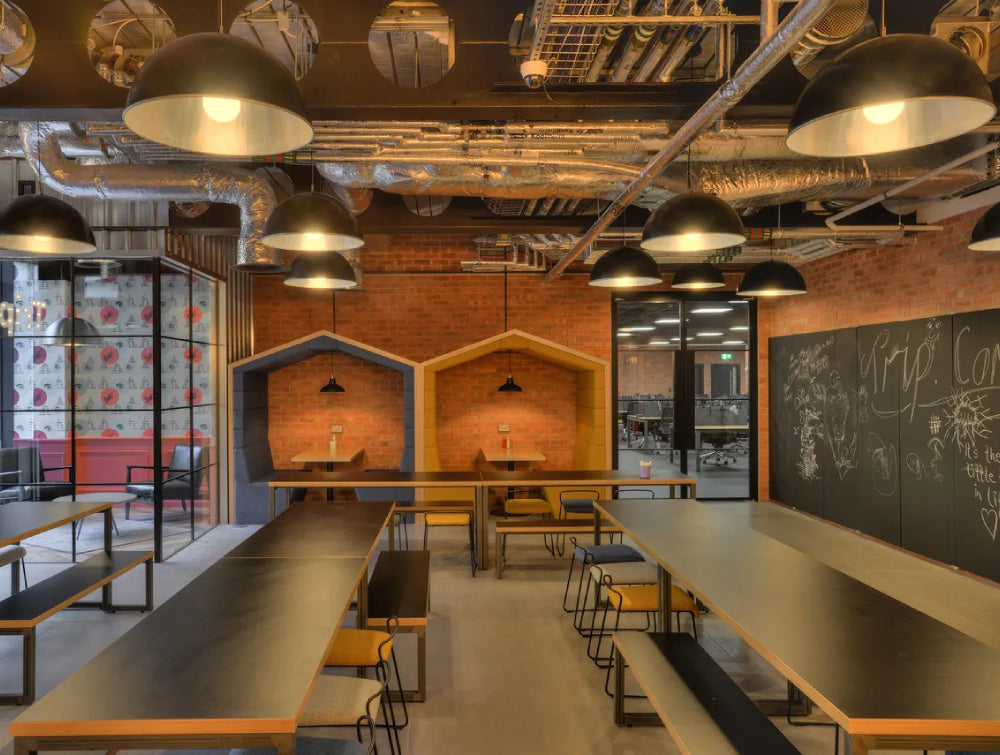 Open Meeting Pod Office Furniture With Bench And Long Table In Canteen Setting