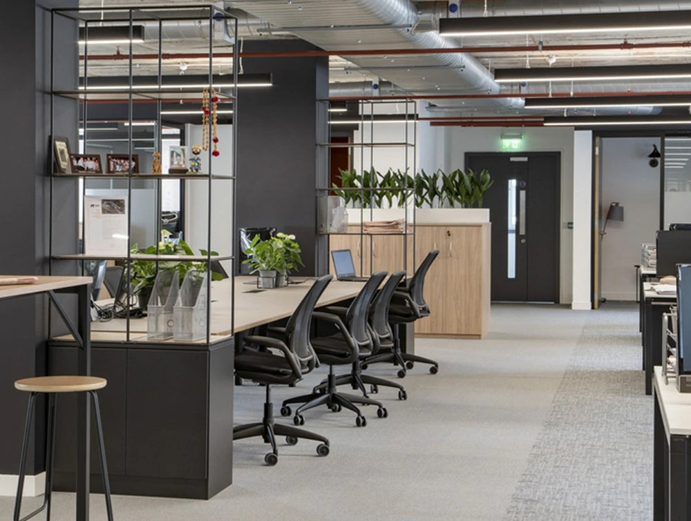 Palisades Metal Grid Office Space Dividers With Double Low Cupboard Storage Desk Chair High Stool