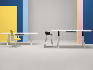 Pedrali Arki Rectangular Table 12 In White With Yellow Chair And White Adjustable Table In Office Space