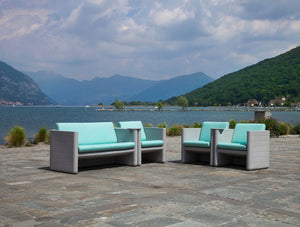 Pedrali Sunset Modular Two Seater Polyethylene Sofa 2 In Grey Frame And Turquoise Foam Cover In Outdoor Setting