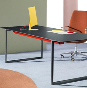 Pedrali Toa Industrial Style Table 2 In Black Finish With Orange Chair In Workspace