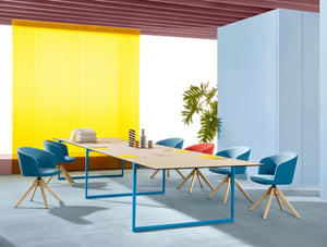 Pedrali Toa Rectangular Multi Tasking Table 2 In Wooden Top Finish With Blue Chair In Meeting Room Area