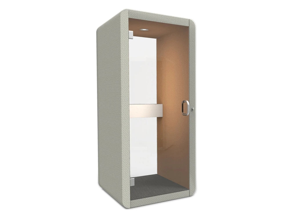 Penelope Acoustic Work Booth With Glass Back Walls And White Upholstered Finish