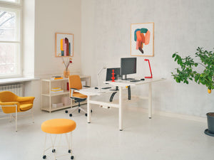 Pental Round Mobile Pouffe With Sit Stand Desk And Bookshelves In Office Setting