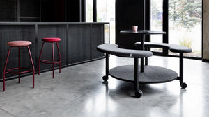 Picnix Round Table with Bench on Castors in Grey Finish with Red and Pink High Stool