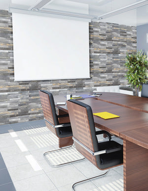 Ezoboard Print Sheet Wall Panel In Brick Style With Two Toned Armchair And Wooden Rectangular Table In Meeting Room Setting