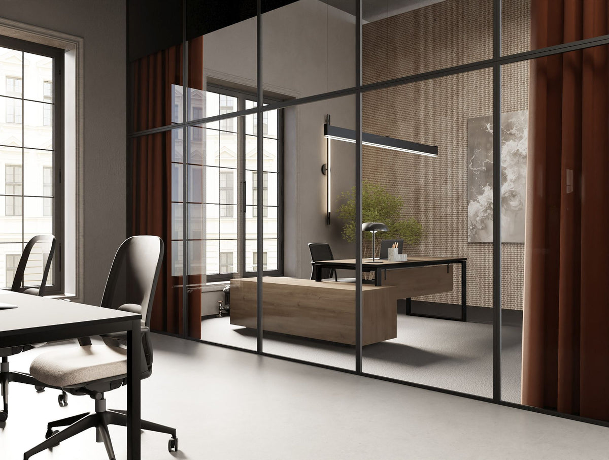 Profil Executive Table with Side Credenza Storage in Oak Finish with Vela Ergonomic Chair and Contour Ergonomic Chair in Modern Office Setting