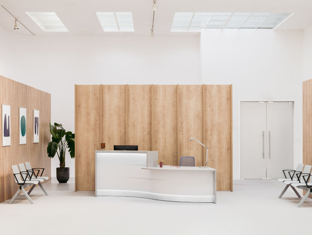 Reception Counter Office Furniture With Indoor Plant And Chair In Reception Setting