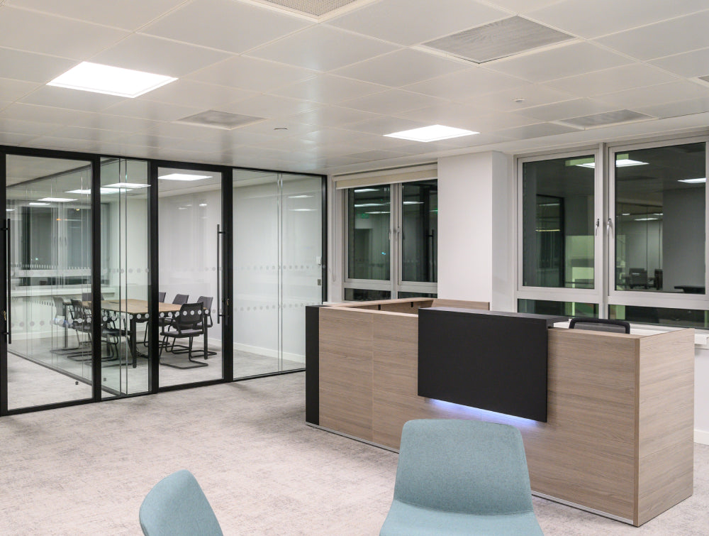 Reception Counter With Lounge Chair And Meeting Room Chair In Reception Setting