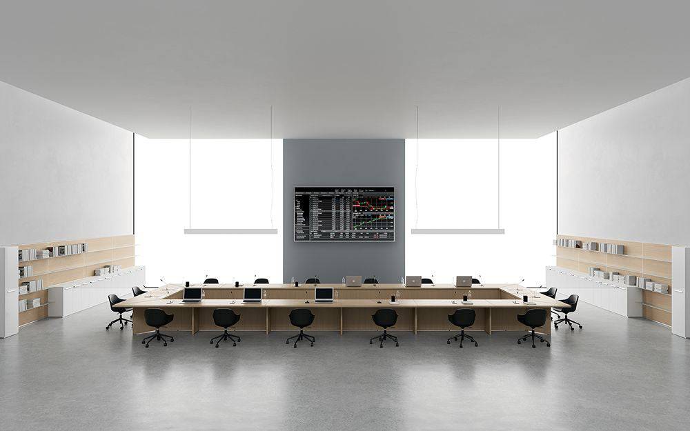 Rectangular Boardroom Table in Light Oak Finish with Task Chairs and Bookshelves in Modern Office Setting