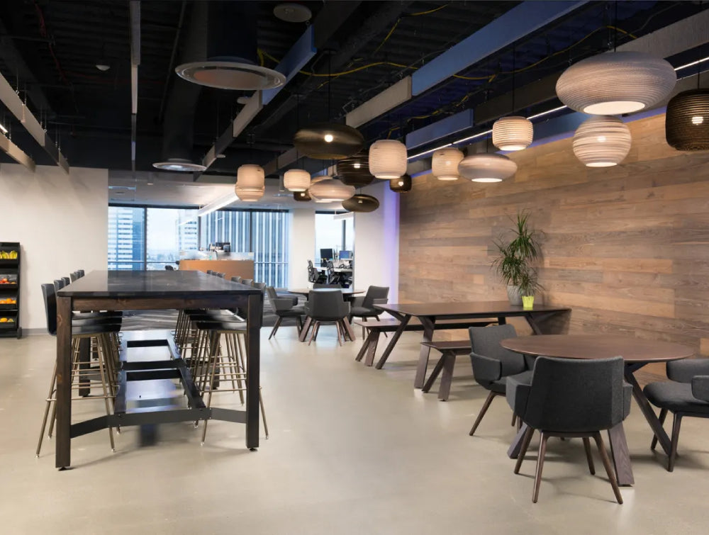 Round Wooden Table Office Furniture In Dark Walnut Finish With Upholstered Chair And High Table In Restaurant Setting