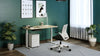 RoundE Bamboo Sit Stand Desk with White Pedestal and White and Black Armchair in Home Office Setting