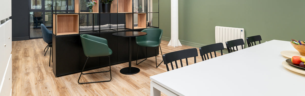 Sled Base Tub Chair With Dining Chair And Shelves In Breakout Setting