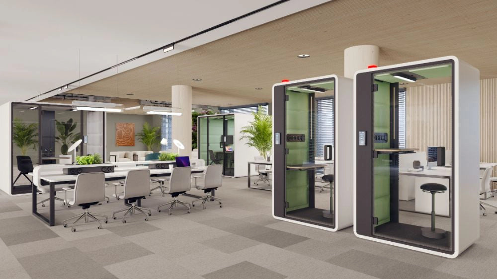Smart Office Hush Free S Acoustic Phonebooth in White with Green Exterior with White Bench Desks and White Office Chair in Modern Office Setting
