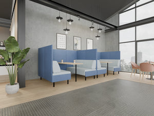 Snug 4 Seater Blue Finish High Back Meeting Sofa Booth with Malin Canteen Chair in Reception Setting