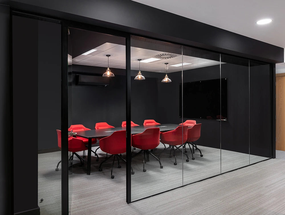 Social Talent Office Layout Red Ultra Meeting Room Chairs With Black Meeting Room Table