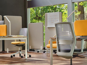 Sonic Acoustic Freestanding Screens with Bench Desk and Task Chair in Modern Office Setting