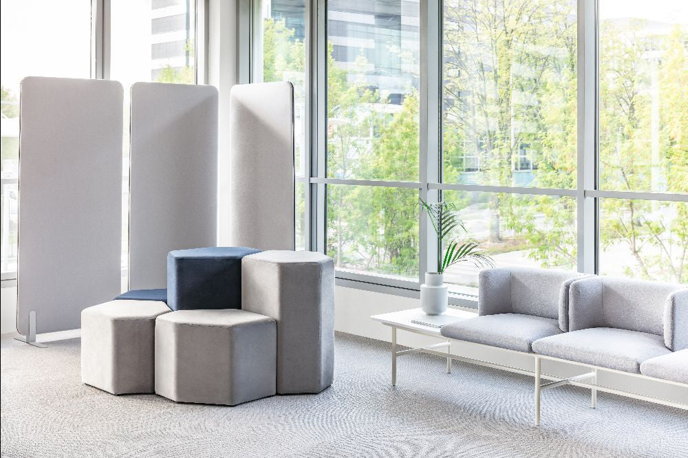 Sonic Acoustic Freestanding Screens with Modular Seating and Pouffes in Breakout Setting
