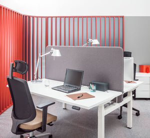 Sonic Drive Acoustic Desk Screens with Bench Desk and Task Chairs in Modern Office Setting 4