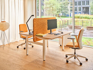 Sonic Drive Acoustic Desk Screens with Bench Desk and Task Chairs in Modern Office Setting